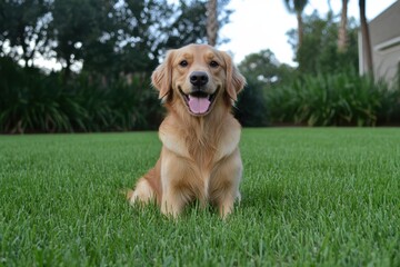 Golden Retriever on a Green Lawn