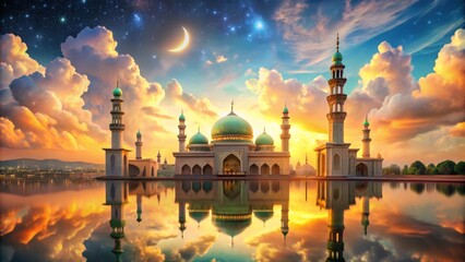 Fototapeta premium Stunning isra miraj background with vibrant sky and crescent moon for celebration design