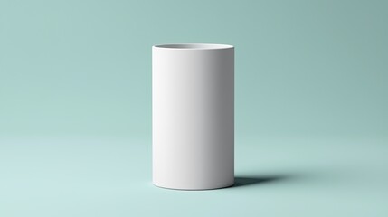 White cylindrical container on a light teal background.