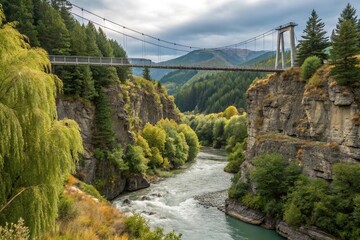 Suspension bridge crossing over a river gorge with steep rock walls and lush vegetation of willow and alder trees, waterfalls, scenic valley, natural wonder, river view, river landscape