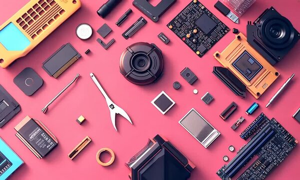 A flat lay of various electronic components and tools on a pink background.