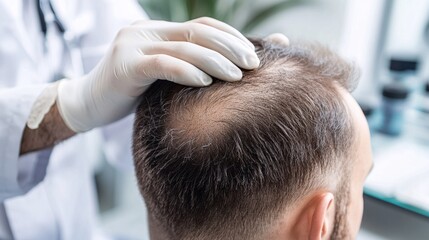 Fototapeta premium Doctor examining patient's scalp for hair loss treatment or diagnosis.
