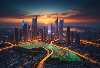 Fototapeta premium futuristic city skyline at sunset with computer circuits, symbolizing future technology