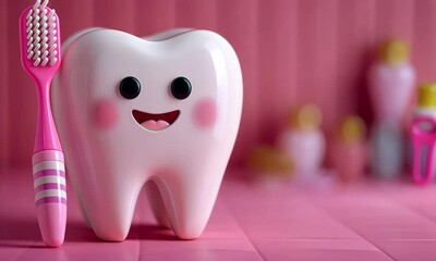 A cheerful cartoon tooth character with a smiling face and a pink background.