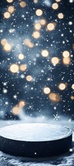 Fototapeta premium A frosty Christmas podium with soft, glowing white lights and snowflakes gently falling in the background. The center remains clear for showcasing a product.