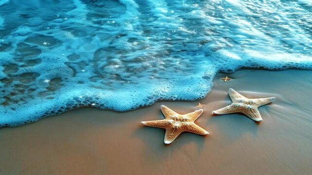 The starfish looks golden in color, being hit by the waves on the shore, the sea water looks clear and exotic as if we can feel the coolness of the beach