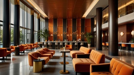Luxurious hotel lobby with orange seating, bar, and large windows.