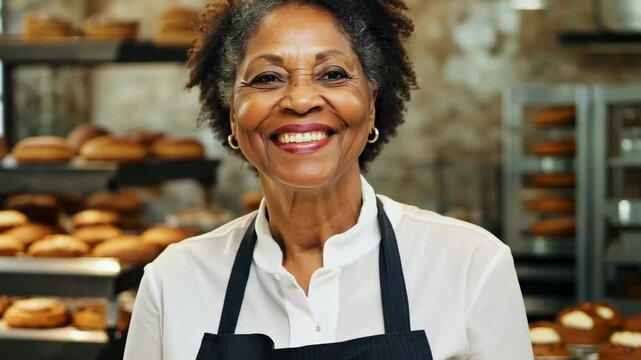 A smiling owner of a small bakery stands in front of the camera and smiles against the backdrop of fresh baked goods. Our bakery owner brings joy as she presents her scrumptious creations!