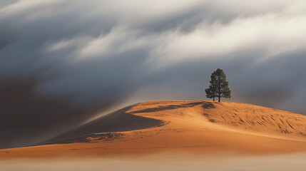 A solitary tree atop a sand dune under a dramatic sky with moving clouds