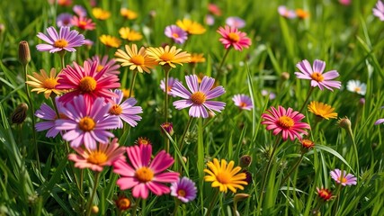 Obraz premium vibrant wildflowers blooming amidst a lush carpet of grass, colorful blooms, floral arrangement, green grass
