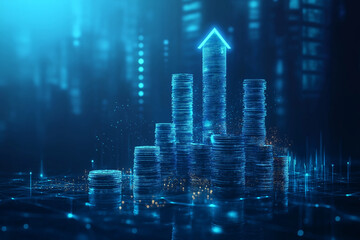 Fototapeta premium A stack of coins and an upward-pointing graph arrow, business concept for the stock market or of financial growth. Concept digital arts.