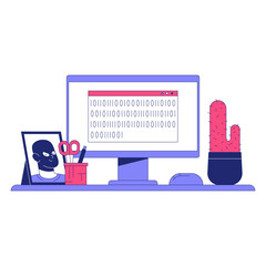Desktop With Binary Code On Screen And Work Desk Items In Flat Vector Illustration Symbolizing Programming, Coding, And IT Development, Isolated On White Background.