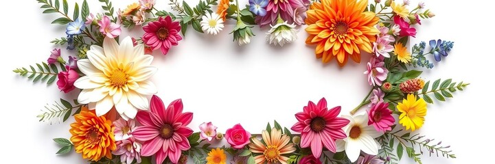 Obraz premium White blank card with layered flowers foliage and decorative accents in a colorful arrangement, green leaves, floral pattern, hand-stamped leaves