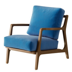 A blue chair with a wooden frame and a blue cushion