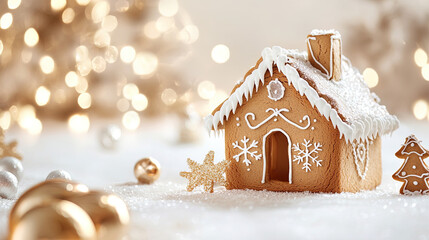 A cute gingerbread house in snow with blue background
