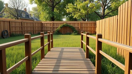 Wooden fences and decking create a cozy atmosphere in a grassy backyard with a wooden bridge, natural, wooden fence, grassy area