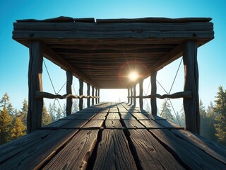 Fototapeta premium Wooden planks of an old bridge suspended above the forest floor beneath a bright blue sky with gentle sunlight filtering through, sunlight, scenic view, nature