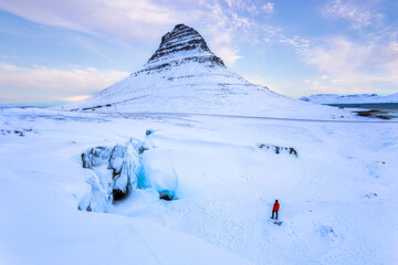 Icelandic landscape of famous Mount Kirkjufell on winter peak season, Iceland