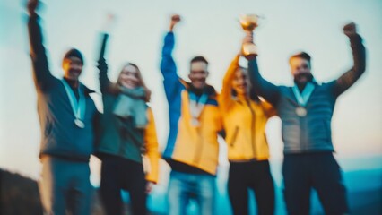 A victorious team at the mountain top, with the background softly blurred to focus on their celebration.
