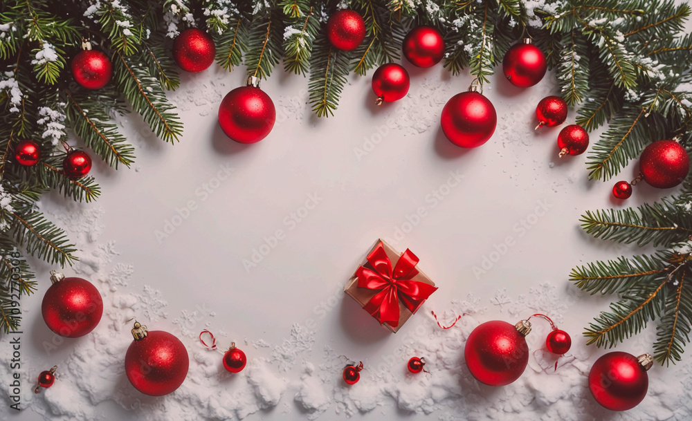 Poster red box with a red ribbon sits in the middle of a christmas tree. the tree is surrounded by many red
