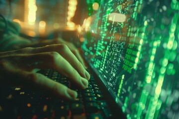 Close-Up of a Hand Typing on a Laptop Keyboard Surrounded by Digital Code in Green and Yellow Hues, Showcasing Technology and Cybersecurity Trends