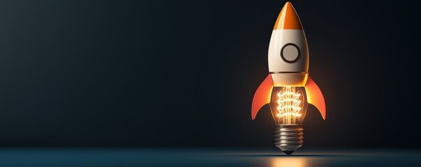 Vibrant rocket launching from a radiant lightbulb a journey of idea and creativity