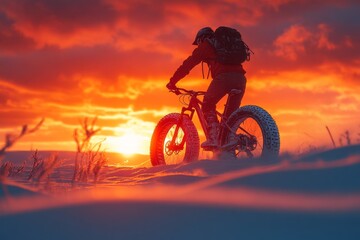 Obraz premium A cyclist on a fat bike against the backdrop of a sunset. Generative AI