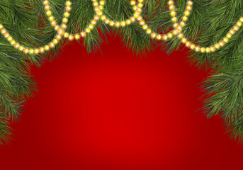 Christmas horizontal card with fir branches and glowing garland. Watercolor digital illustration. New Year lights and fluffy pine branches isolated on red background. For winter banners, posters