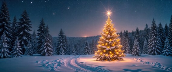 Christmas banner. Beautiful night scene with a snowy landscape and a starry sky. The scene is dominated by tall, snow-covered pine trees and lighting Christmas tree with shining star on top