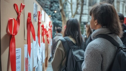 A young woman stands in a crowd, looking at a bulletin board covered in red ribbons and posters.