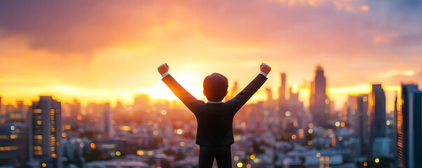 Fototapeta premium Businessman celebrating success and achievement at sunrise in a cityscape, symbolizing motivation and positivity.