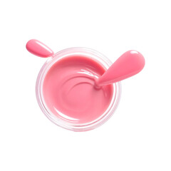 Pink glass bottle with liquid nail polish, cream, gel on transparent background. Orange nail polish png