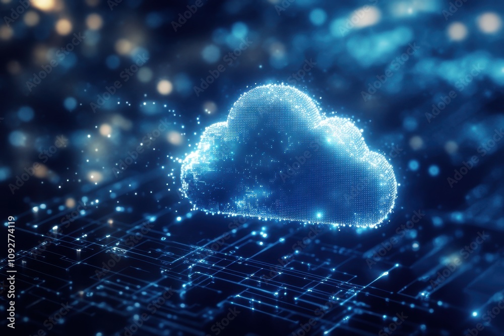 Poster digital cloud technology connected to network data systems with glowing circuit patterns