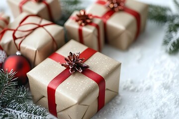 Festive holiday gifts arranged on a snowy surface with decorations