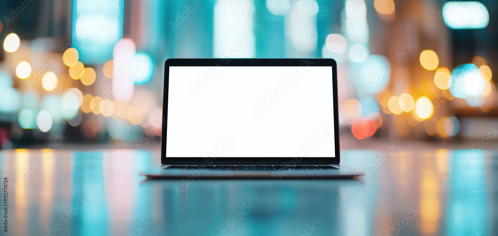 Poster mock up technology concept. a sleek laptop is positioned in an urban environment, with a blurred cit