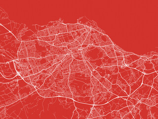 Christmas Map of Edinburgh, United Kingdom in Snowy White on Festive Red Background.