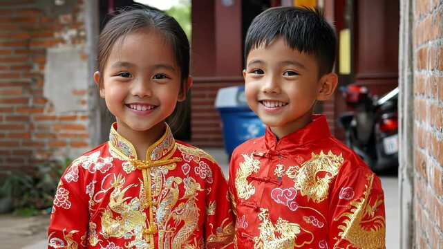 Joyful Children in Traditional Chinese Attire