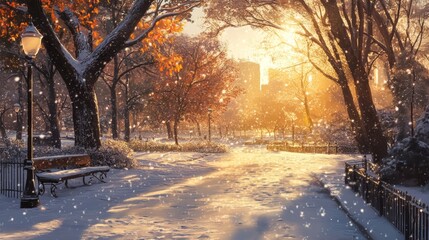 Sunlight shines on a snowy city park.  Snow falls softly as the sun peeks through the trees.