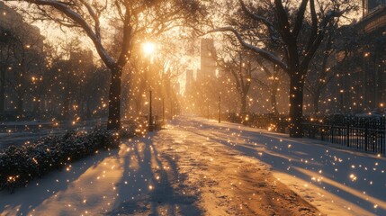 Sunlight shines on a snowy city park.  Snow falls softly as the sun peeks through the trees.