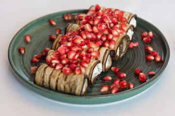 Cold snacks on the festive table. Food and drinks at the banquet.