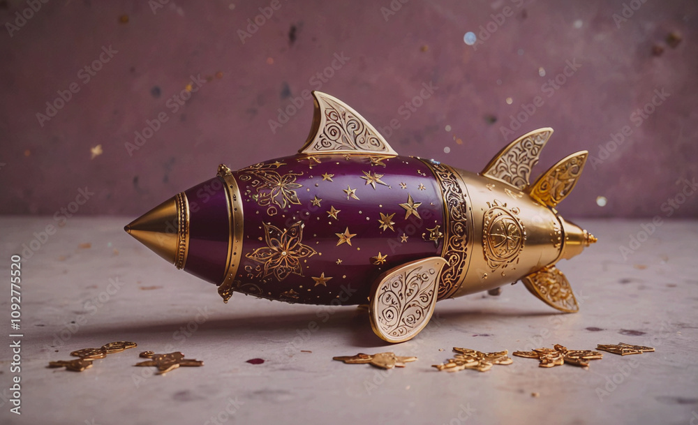 Poster gold and purple rocket ship with stars on it. it is sitting on a table. there are many stars scatter