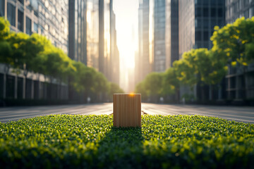 Urban Oasis: Wooden Block in a Greenery Cityscape at Sunrise. Eco-Friendly City Design Concept