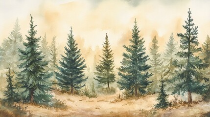 Watercolor paintings of Christmas trees, fir trees, and pine trees in a forest setting.  Perfect for holiday decorations.