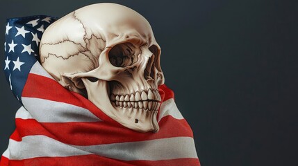 A skull draped in an American flag against a dark background.