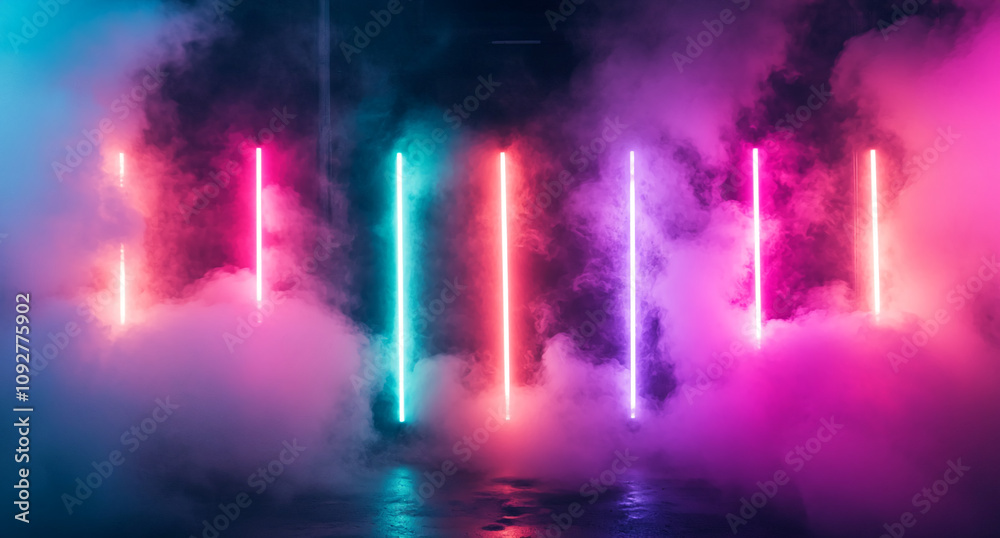 Aufkleber colorful neon lights illuminate a foggy space at nighttime, creating a vibrant atmosphere for an eve