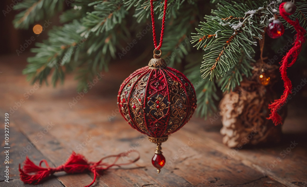 Aufkleber beautiful red ornament is hanging from a tree, with a string attached to it. the ornament is intrica