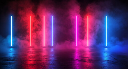 Colorful neon lights create an engaging atmosphere with vibrant hues and smoke effects for a creative space