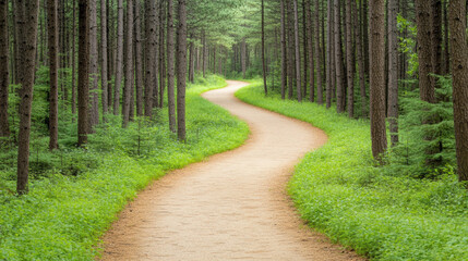 Fototapeta premium Winding path through a lush green forest invites exploration and tranquility, AI