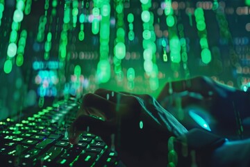 Hands typing on a keyboard surrounded by glowing green binary code, symbolizing technology, data processing, and digital communication in a cyber environment