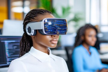 An instructor teaching adults coding basics in a tech workshop, with laptops and code displayed on monitors